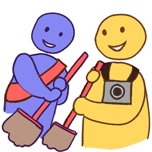  two people smiling and each holding a pink broom. the person on the left is purple with a pink sash, and the person on the right is yellow with a camera around their neck. the yellow person's broom is a bit smaller.